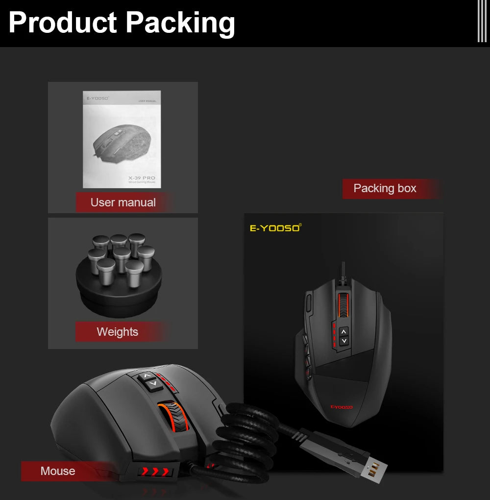 E-YOOSO X-39 USB Wired RGB Gaming Mouse 24000 DPI SG8960 19 botões mouse óptico de jogo programável para computador PC laptop