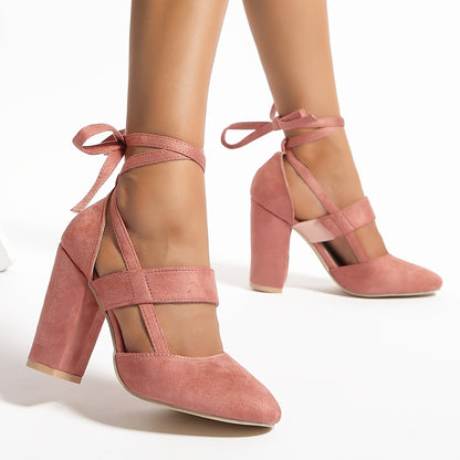 [Elegant Sandals] Elegant High Heel Sandals | Women's - Solid Color Fabric Upper, Round Toe, Lace-Up Ankle Strap, Block Heel, Rubber Sole, Man-Made Insole & Inner Material