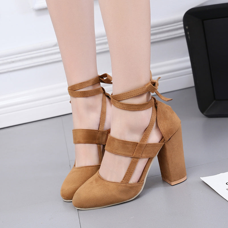 [Elegant Sandals] Elegant High Heel Sandals | Women's - Solid Color Fabric Upper, Round Toe, Lace-Up Ankle Strap, Block Heel, Rubber Sole, Man-Made Insole & Inner Material