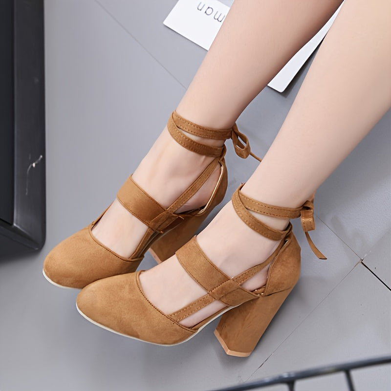 [Elegant Sandals] Elegant High Heel Sandals | Women's - Solid Color Fabric Upper, Round Toe, Lace-Up Ankle Strap, Block Heel, Rubber Sole, Man-Made Insole & Inner Material