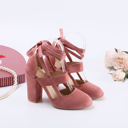 [Elegant Sandals] Elegant High Heel Sandals | Women's - Solid Color Fabric Upper, Round Toe, Lace-Up Ankle Strap, Block Heel, Rubber Sole, Man-Made Insole & Inner Material