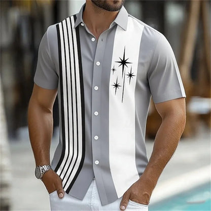 Camisa listrada geométrica masculina, 11 cores, botão, manga curta, moda casual, férias ao ar livre, rua, 3d, camisa de lapela impressa