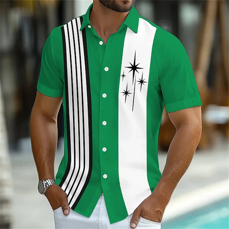 Camisa listrada geométrica masculina, 11 cores, botão, manga curta, moda casual, férias ao ar livre, rua, 3d, camisa de lapela impressa