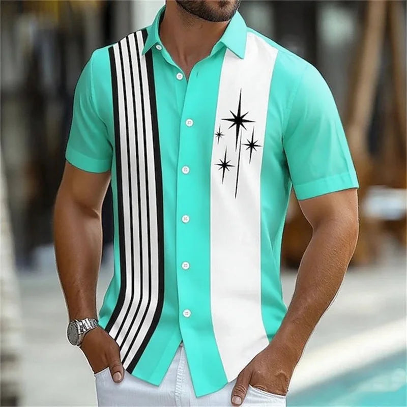 Camisa listrada geométrica masculina, 11 cores, botão, manga curta, moda casual, férias ao ar livre, rua, 3d, camisa de lapela impressa