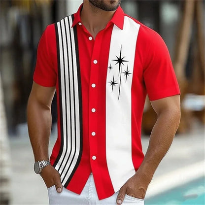 Camisa listrada geométrica masculina, 11 cores, botão, manga curta, moda casual, férias ao ar livre, rua, 3d, camisa de lapela impressa