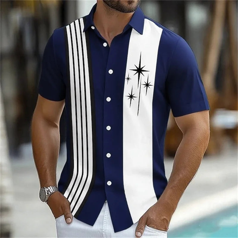Camisa listrada geométrica masculina, 11 cores, botão, manga curta, moda casual, férias ao ar livre, rua, 3d, camisa de lapela impressa