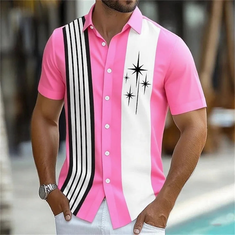 Camisa listrada geométrica masculina, 11 cores, botão, manga curta, moda casual, férias ao ar livre, rua, 3d, camisa de lapela impressa
