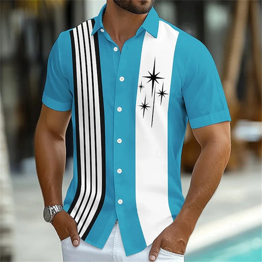 Camisa listrada geométrica masculina, 11 cores, botão, manga curta, moda casual, férias ao ar livre, rua, 3d, camisa de lapela impressa