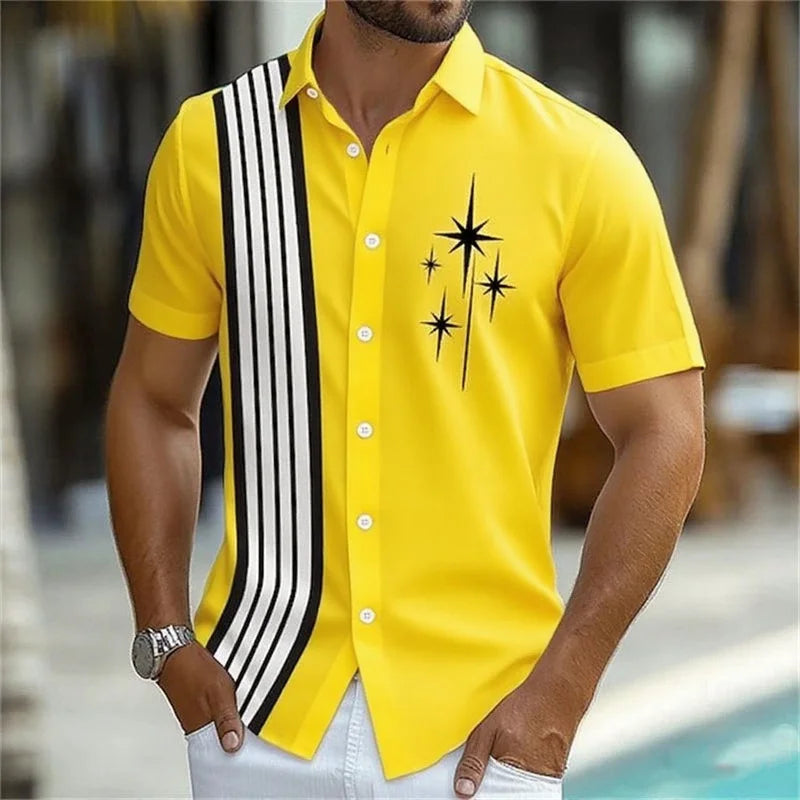 Camisa listrada geométrica masculina, 11 cores, botão, manga curta, moda casual, férias ao ar livre, rua, 3d, camisa de lapela impressa