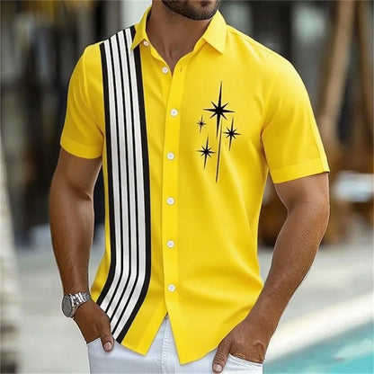 Camisa listrada geométrica masculina, 11 cores, botão, manga curta, moda casual, férias ao ar livre, rua, 3d, camisa de lapela impressa