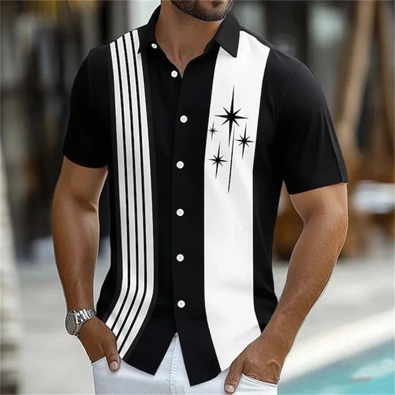 Camisa listrada geométrica masculina, 11 cores, botão, manga curta, moda casual, férias ao ar livre, rua, 3d, camisa de lapela impressa