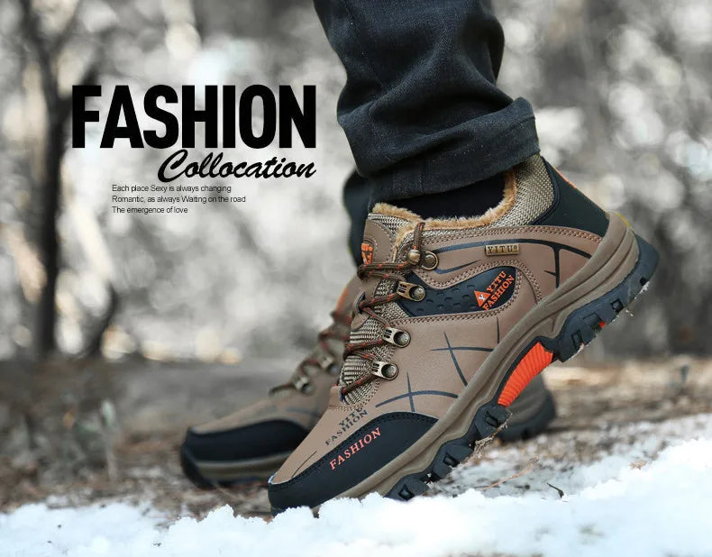 Bota de neve masculina, botas quentes de inverno de couro à prova d'água de alta qualidade e com cadarço de borracha