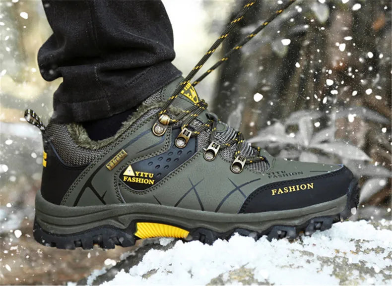 Bota de neve masculina, botas quentes de inverno de couro à prova d'água de alta qualidade e com cadarço de borracha