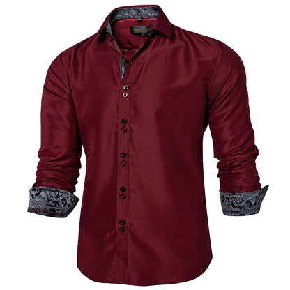 DiBanGu Camisa Masculina de Manga Longa Preto Sólido Vermelho Paisley Cor Contraste Moda Vestido Camisa para Homens Gola Botão para baixo Roupas Masculinas