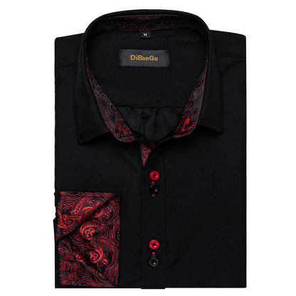 DiBanGu Camisa Masculina de Manga Longa Preto Sólido Vermelho Paisley Cor Contraste Moda Vestido Camisa para Homens Gola Botão para baixo Roupas Masculinas