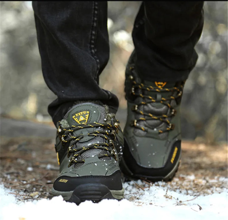 Bota de neve masculina, botas quentes de inverno de couro à prova d'água de alta qualidade e com cadarço de borracha