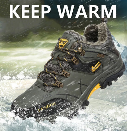 Bota de neve masculina, botas quentes de inverno de couro à prova d'água de alta qualidade e com cadarço de borracha