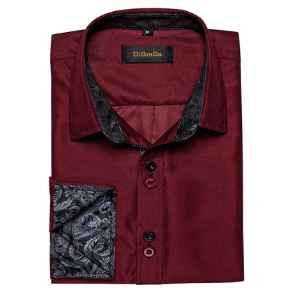 DiBanGu Camisa Masculina de Manga Longa Preto Sólido Vermelho Paisley Cor Contraste Moda Vestido Camisa para Homens Gola Botão para baixo Roupas Masculinas
