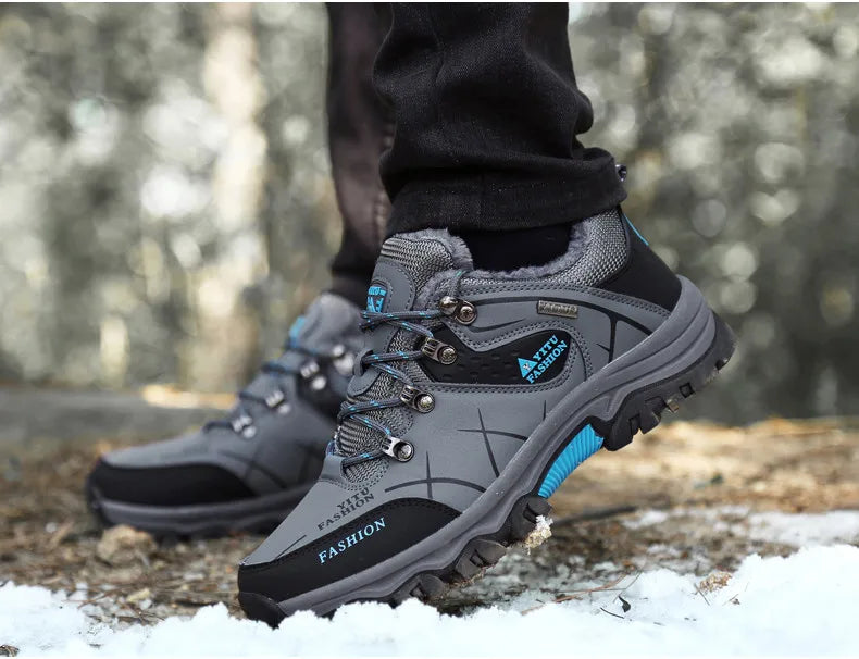 Bota de neve masculina, botas quentes de inverno de couro à prova d'água de alta qualidade e com cadarço de borracha