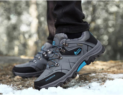 Bota de neve masculina, botas quentes de inverno de couro à prova d'água de alta qualidade e com cadarço de borracha