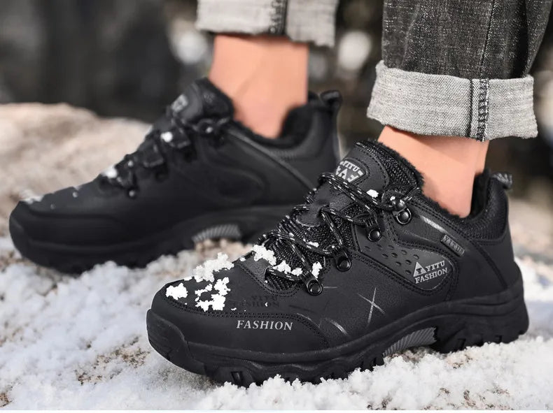 Bota de neve masculina, botas quentes de inverno de couro à prova d'água de alta qualidade e com cadarço de borracha