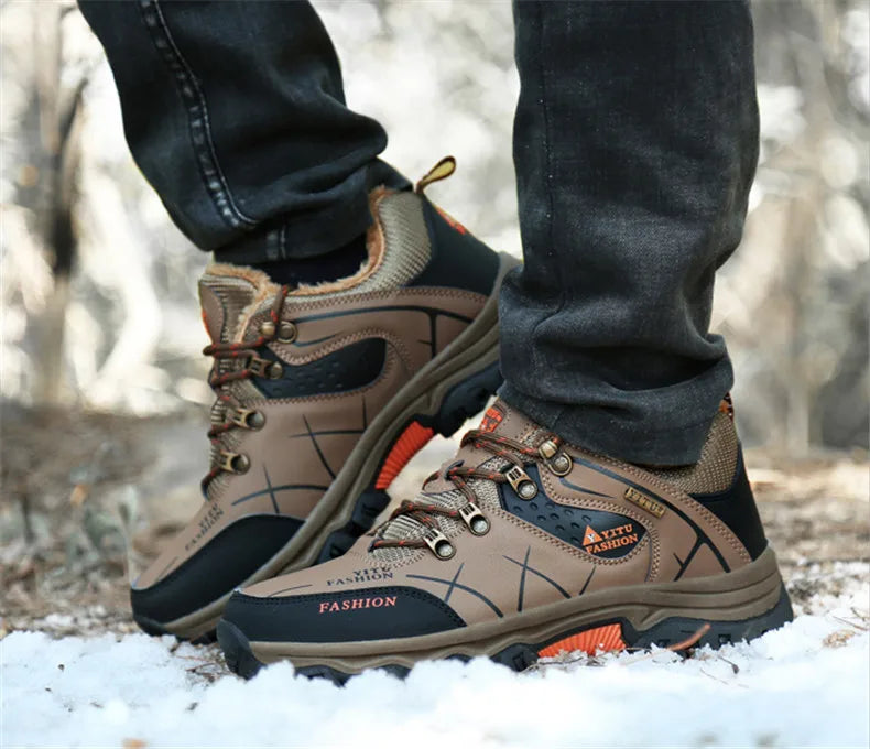 Bota de neve masculina, botas quentes de inverno de couro à prova d'água de alta qualidade e com cadarço de borracha