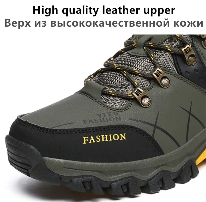 Bota de neve masculina, botas quentes de inverno de couro à prova d'água de alta qualidade e com cadarço de borracha