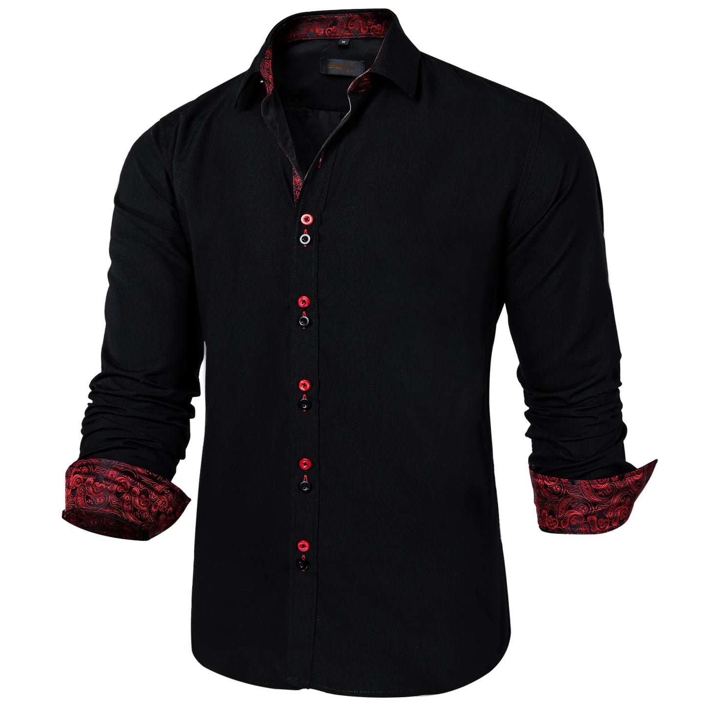 DiBanGu Camisa Masculina de Manga Longa Preto Sólido Vermelho Paisley Cor Contraste Moda Vestido Camisa para Homens Gola Botão para baixo Roupas Masculinas