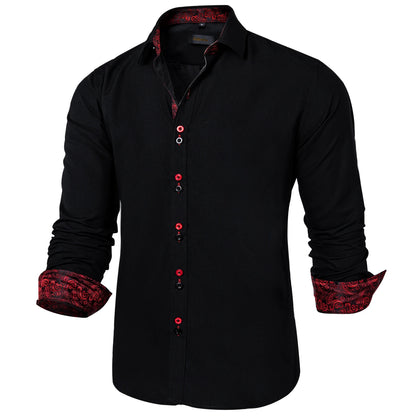 DiBanGu Camisa Masculina de Manga Longa Preto Sólido Vermelho Paisley Cor Contraste Moda Vestido Camisa para Homens Gola Botão para baixo Roupas Masculinas