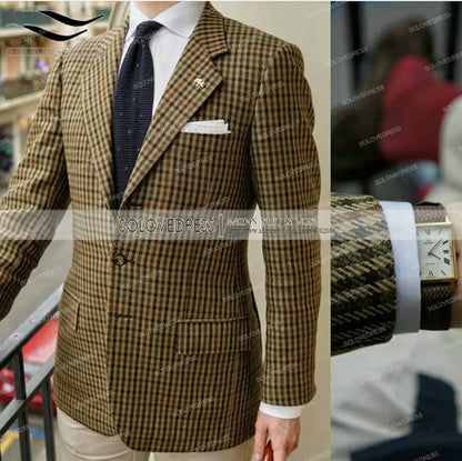 Ternos formais masculinos regular ajuste xadrez lã tweed baile de formatura exército verde smoking sólido negócios marrom ternos para noivos de casamento melhor homem