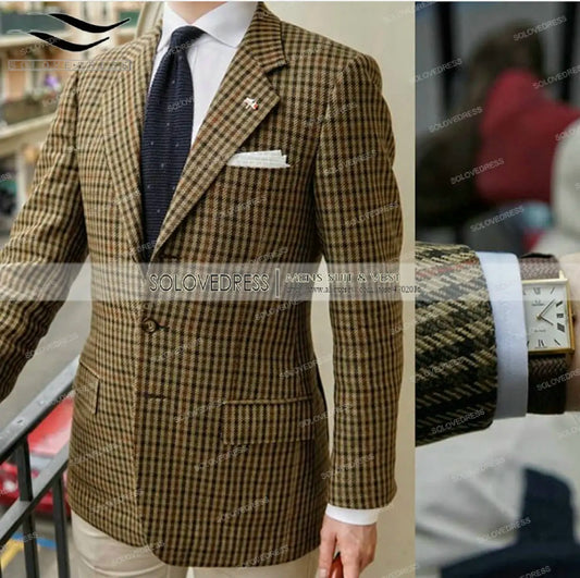 Ternos formais masculinos regular ajuste xadrez lã tweed baile de formatura exército verde smoking sólido negócios marrom ternos para noivos de casamento melhor homem