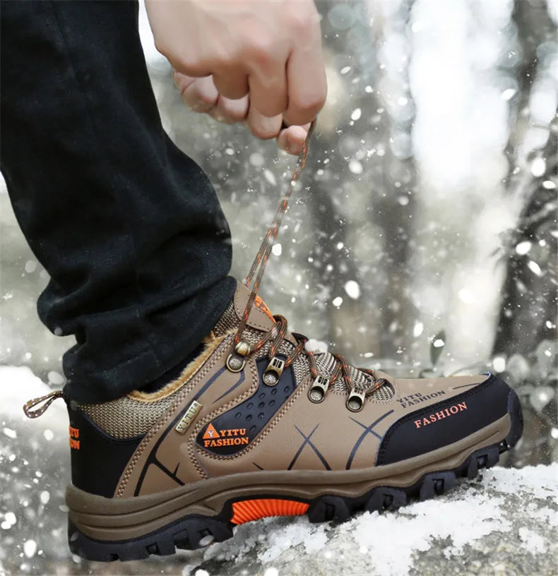 Bota de neve masculina, botas quentes de inverno de couro à prova d'água de alta qualidade e com cadarço de borracha