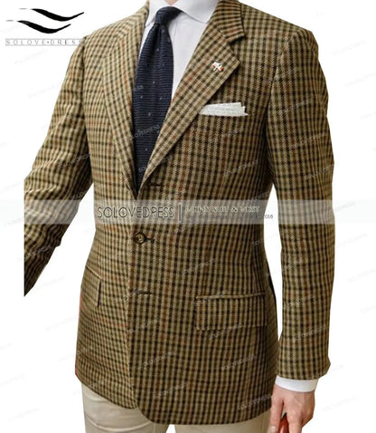 Ternos formais masculinos regular ajuste xadrez lã tweed baile de formatura exército verde smoking sólido negócios marrom ternos para noivos de casamento melhor homem