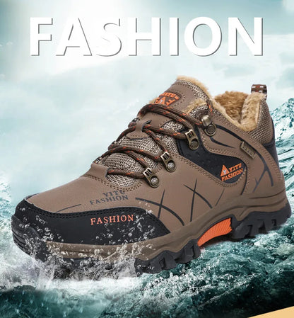 Bota de neve masculina, botas quentes de inverno de couro à prova d'água de alta qualidade e com cadarço de borracha