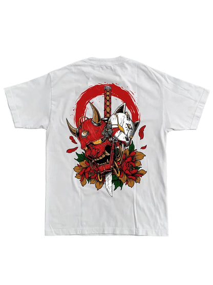 Camiseta preta em branco anime oni camiseta casual solta algodão camisetas moda hip hop street wear roupas masculinas pai-filho roupa 100-4xl