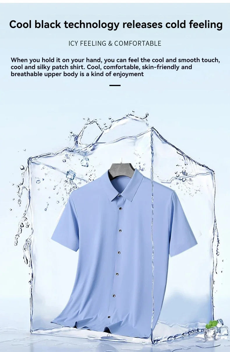 Nova alta qualidade de seda gelo negócios masculinos casual camisa de manga curta verão ultra-fino respirável esportes ao ar livre cor sólida topo