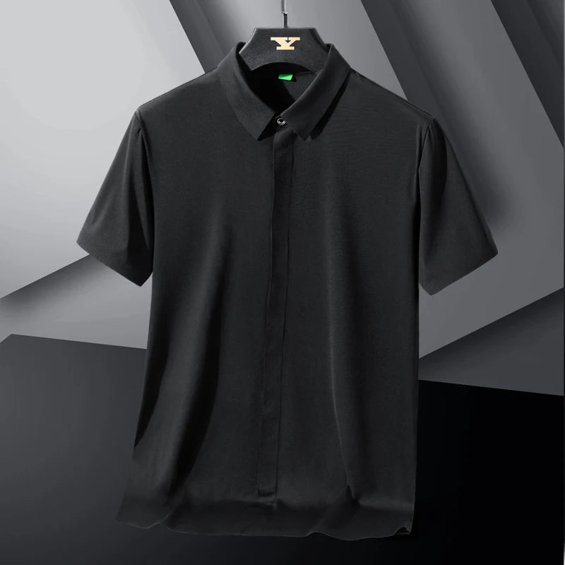 Nova alta qualidade de seda gelo negócios masculinos casual camisa de manga curta verão ultra-fino respirável esportes ao ar livre cor sólida topo