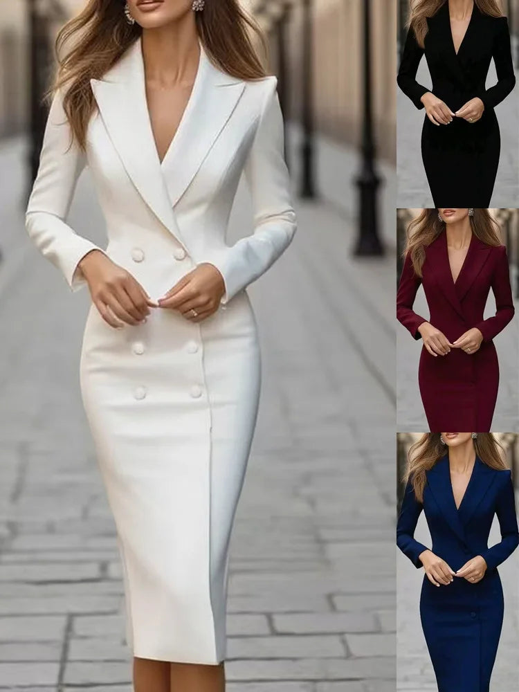 Vestido elegante feminino moda novo estilo terno único breasted manga comprida commuter com decote em v jaqueta preto branco vestidos para mulher