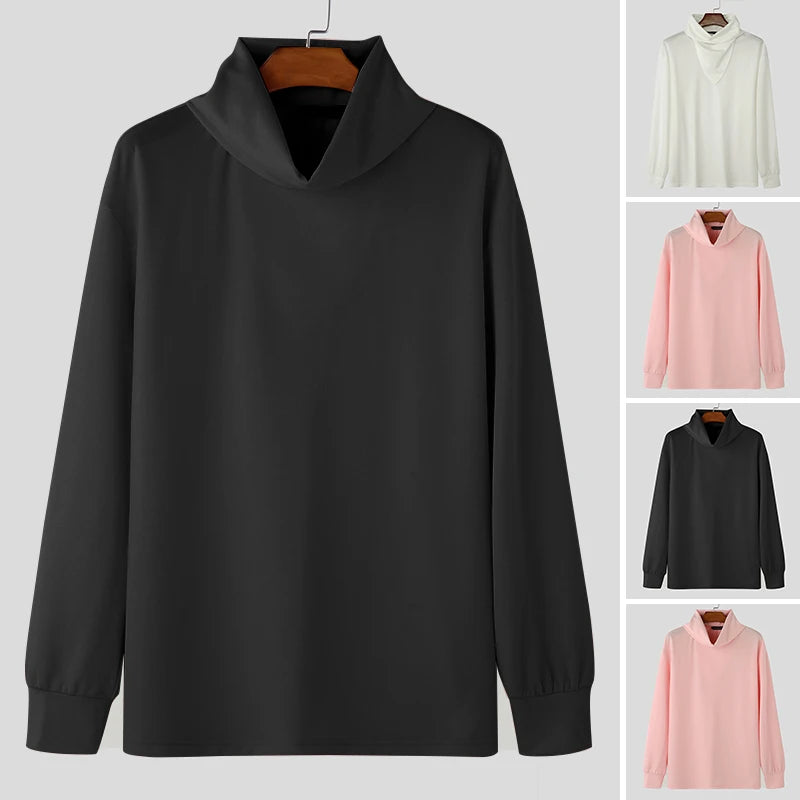 Moda estilo casual topos incerun novo masculino pilha colarinho design hoodies bonito masculino sólido manga comprida pulôver moletom 2024