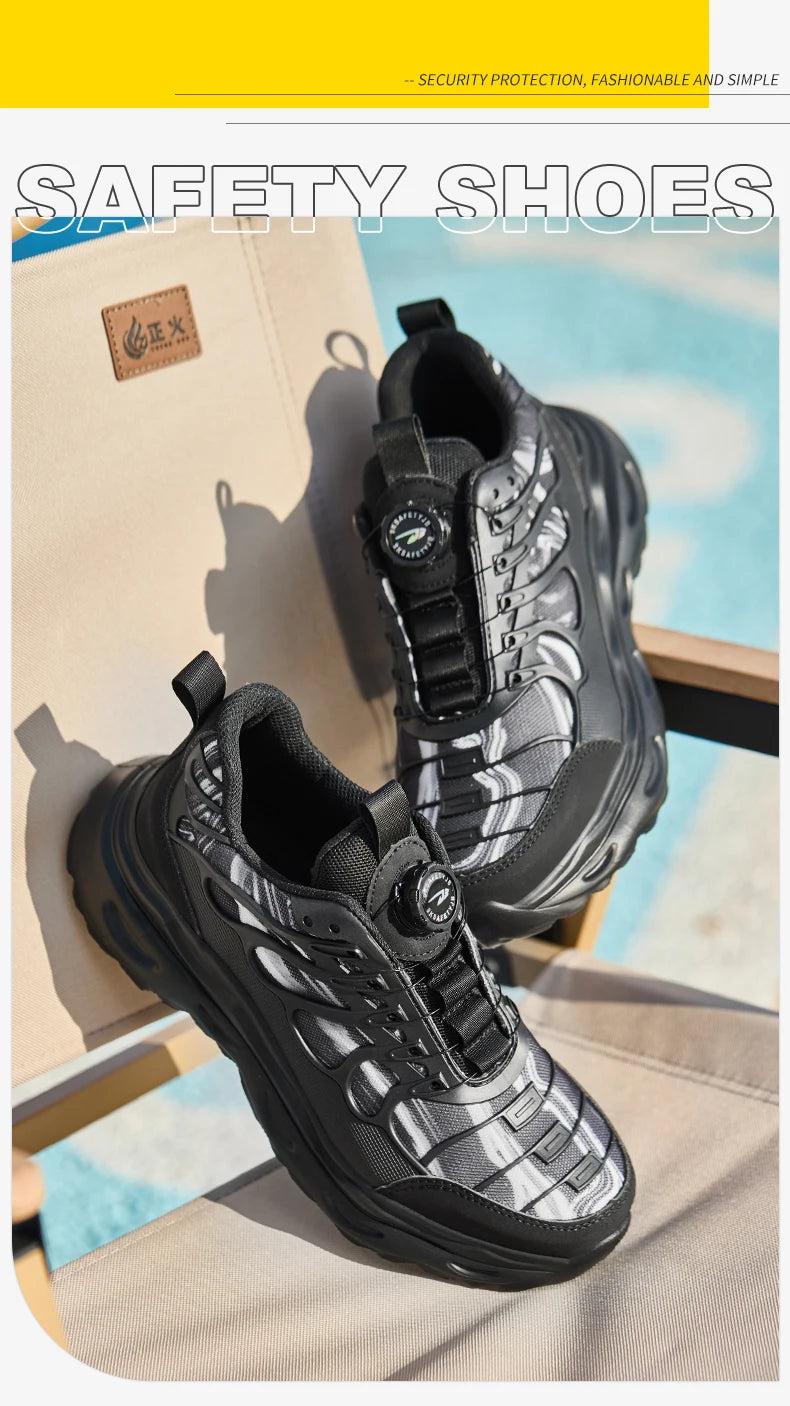 2025 botão rotativo sapatos de segurança homens anti esmagamento anti piercing sapatos de trabalho homens sapatos de dedo do pé de aço antiderrapante sapatos indestrutíveis