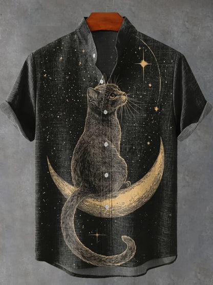 2025 moda casual masculina nova camisa de linho arte impressão bonito gato padrão camisas moda rua casual confortável camisa masculina