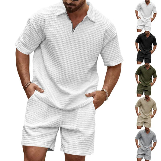 Conjunto esportivo polo confortável de cor sólida masculino, moda tendência casual, novo, verão, 2024