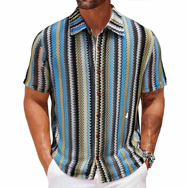 Novo étnico listrado masculino cardigan topos chique oco para fora manga curta casual camisa de renda moda streetwear premium blusa respirável