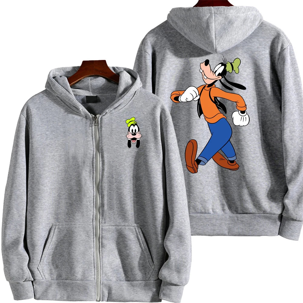 Goofy masculino impressão dos desenhos animados hoodie primavera outono feminino moletom de grandes dimensões com zíper novo casal rua moda casaco
