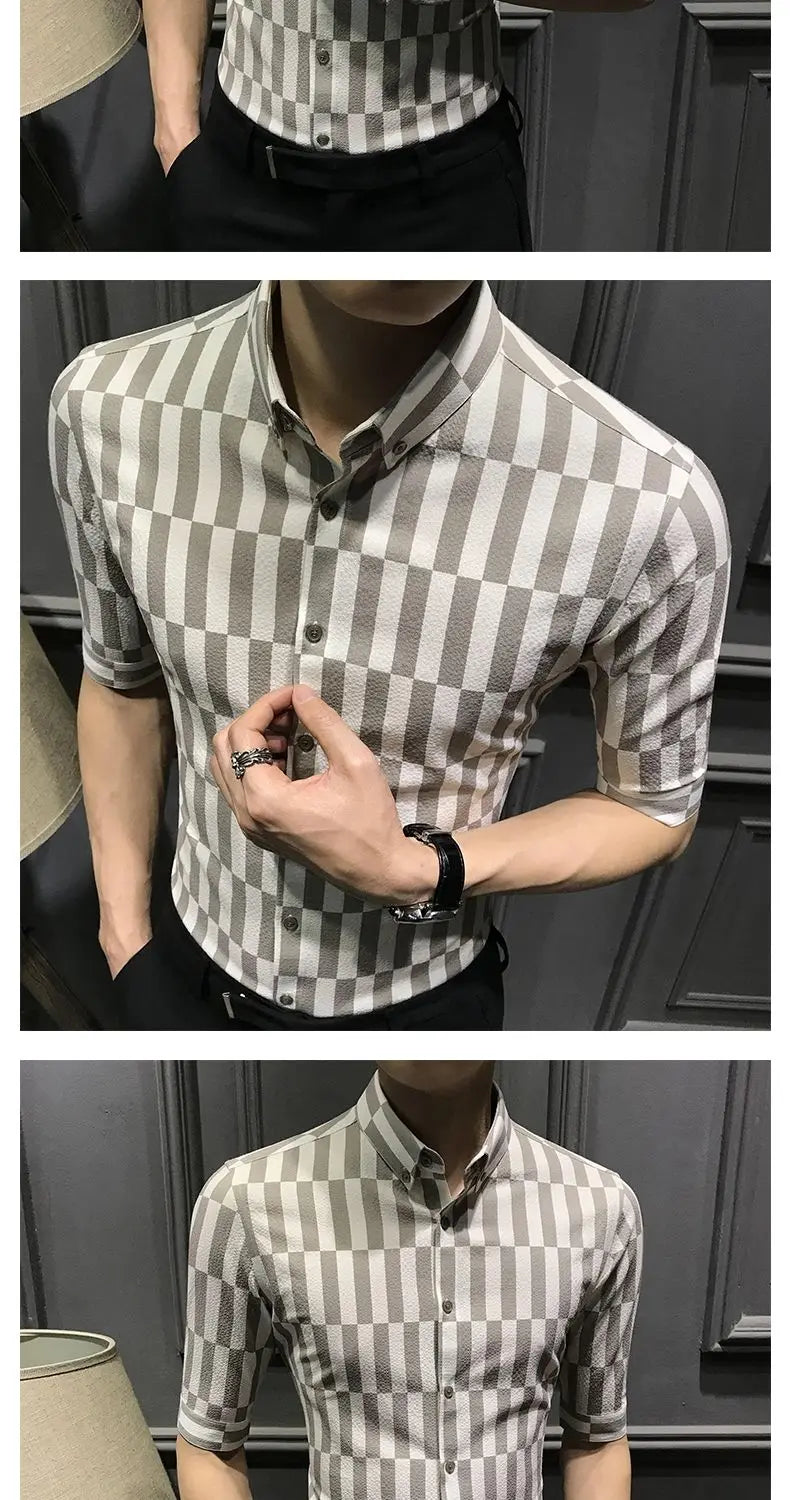 Camisa de manga média listrada estampada masculina, tendência coreana, botão, versátil, gola pontiagudos, top de meia manga, moda verão, novo