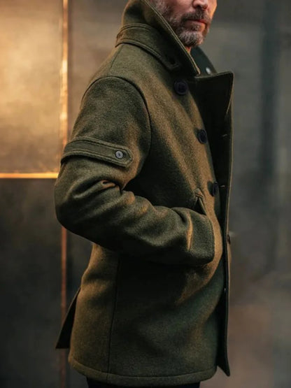 Casaco de lã masculino de cor pura com gola aboa, manga curta e decote em V para jovens no outono.