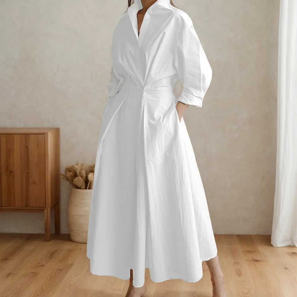 Vestido de manga comprida monocromática feminino, vestido de escritório, vestidos longos femininos, cintura alta, elegante, feriado, festa, moda