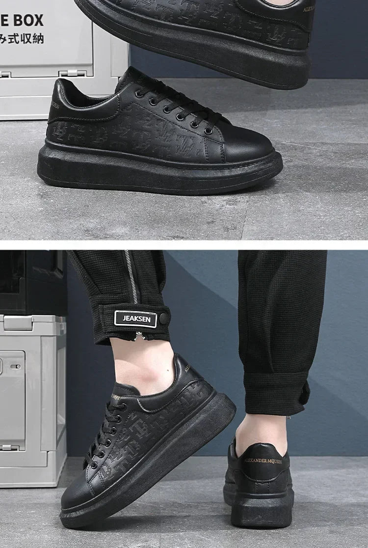 2025 novos sapatos masculinos primavera e outono de sola plana sapatos casuais de couro sapatos esportivos preto e branco masculino de sola grossa respirável