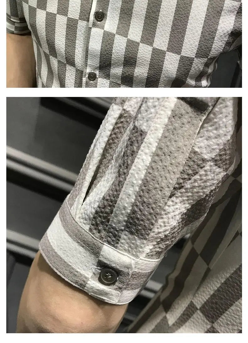 Camisa de manga média listrada estampada masculina, tendência coreana, botão, versátil, gola pontiagudos, top de meia manga, moda verão, novo