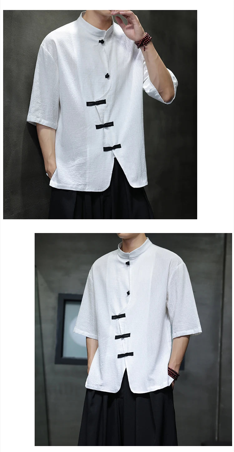 Camisa de linho de algodão masculina verão luz fina manga curta topo streetwear solto oversize casual estilo chinês camisa tang terno hanfu